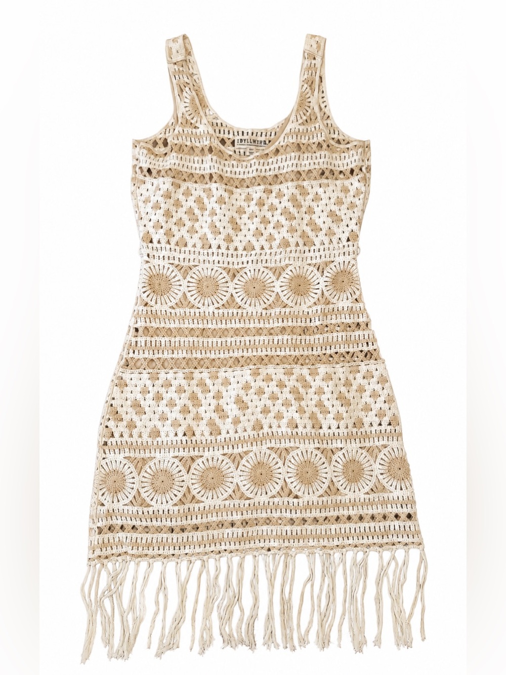 Idyllwind Crochet Fringe Mini Dress in Cream & Tan